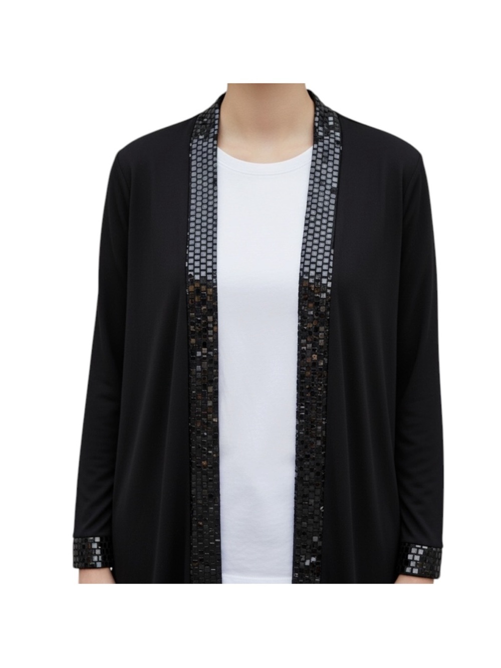 Ricci Open Front Cardigan Sequin Embellished Trim Size XL Black Shoulder Pads